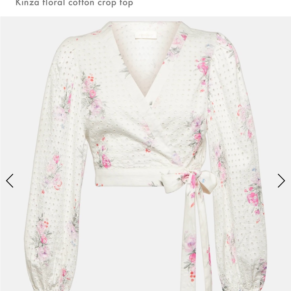 LoveShackFancy Cream and Pink Bishop Sleeve Wrap Blouse